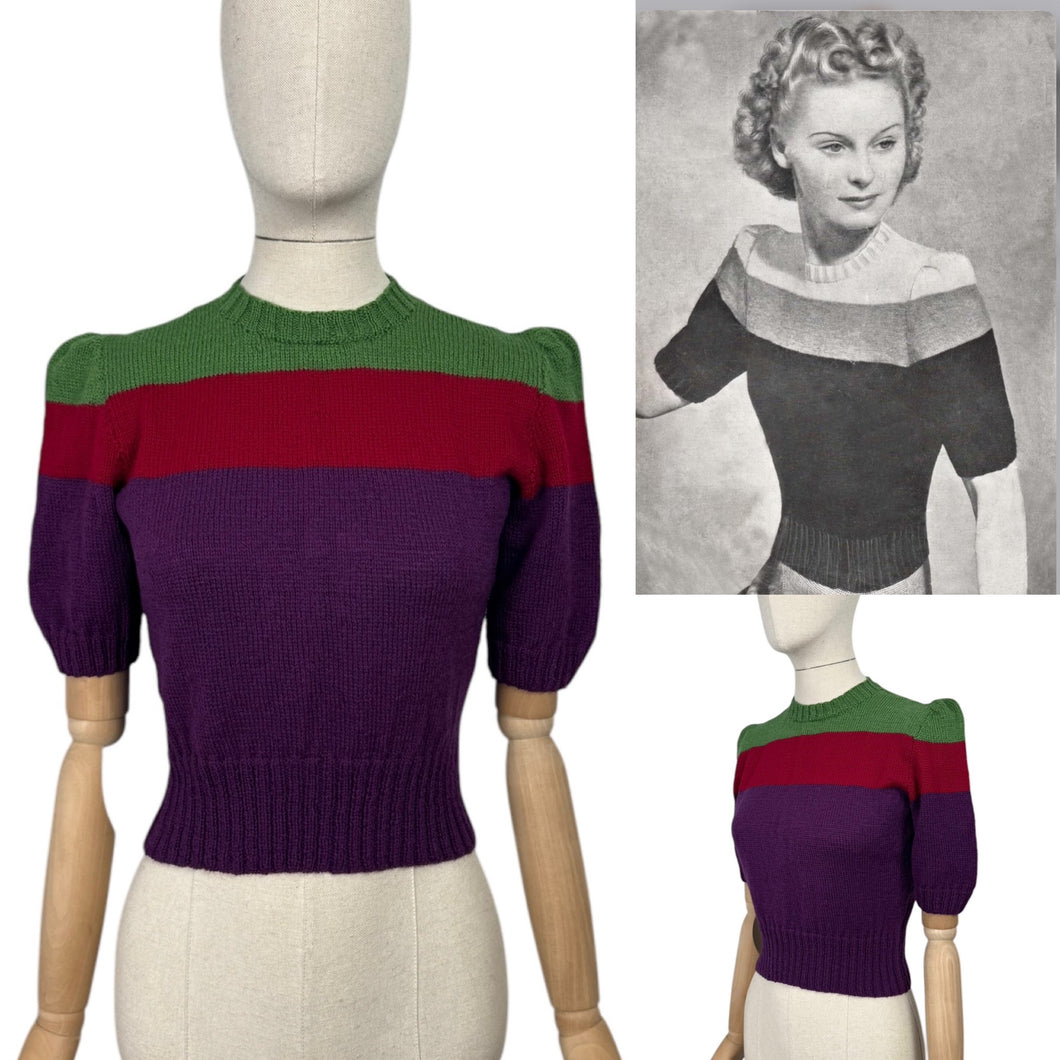 Reproduction 1940's Hand Knitted Three Colour Stripe Pure Wool Jumper in Green, Red and Purple - Bust 34 36