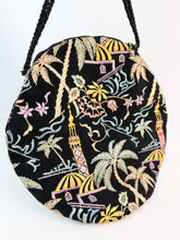 Load image into Gallery viewer, Original 1920&#39;s Black Cotton Bag with Vibrant Silk Embroidery of Flowers, Palm Trees and Buildings *
