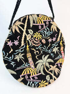 Original 1920's Black Cotton Bag with Vibrant Silk Embroidery of Flowers, Palm Trees and Buildings *