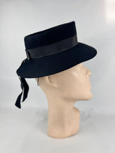 Load image into Gallery viewer, Original 1940's Inky Black Felt Topper hat by Harrods with Grosgrain Bow Trim *
