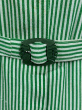 Load image into Gallery viewer, Original 1940&#39;s White and Green Candy Stripe Heavy Linen Button Front Belted Day Dress - Bust 40 42 *
