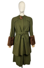 Load image into Gallery viewer, Original 1940's Olive Green Herringbone Wool Long Line Belted Jacket and Skirt Suit with Faux Fur Trim - Short Coat - Bust 36 38
