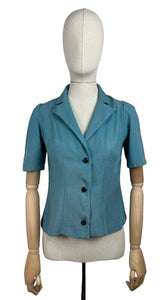 Original 1940’s Turquoise Blue Linen Short Sleeved Jacket - Bust 32 34 *