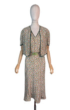 Load image into Gallery viewer, Original 1930's Dress and Faux Bolero Floral Belted Day Dress in Green, Rust and Yellow - Bust 42
