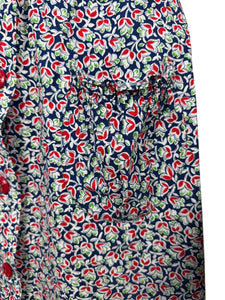 Original Volup 1930's Blue Cotton Dress with Pretty Floral Print in Red, Green and White - Bust 40 42