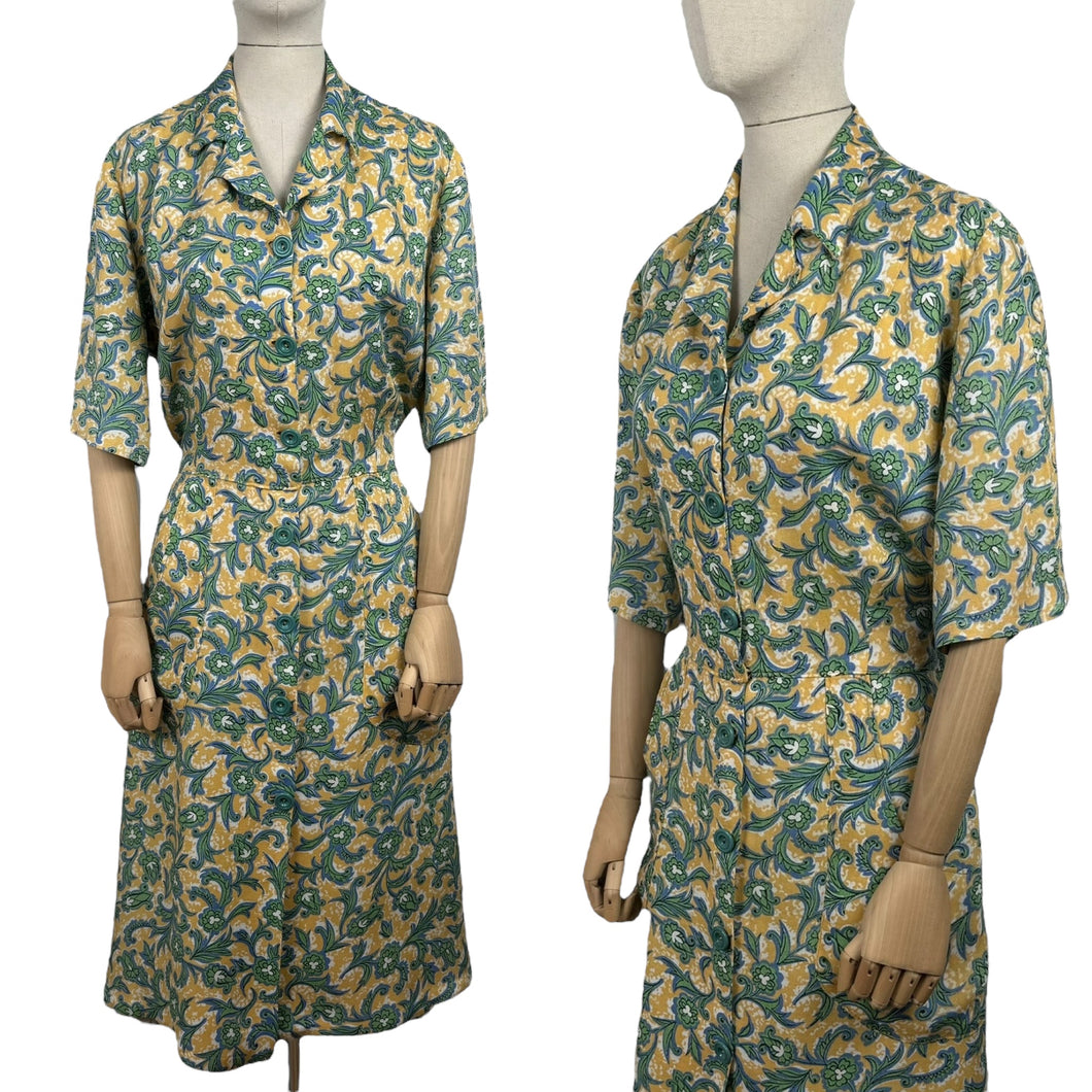 Original 1940's Volup Linen Day Dress in Yellow, Blue, Green and White - Bust 42 44 *