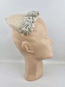 Original 1950's Ice Blue and Ivory Lacquered Raffia Half Hat with Petal Trim and Velvet Bow