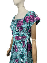 Load image into Gallery viewer, Original 1950's Marldena Model Blue Cotton Day Dress with Pink, Black, Teal and Black Floral Print and Hip Swag - Bust 35 *
