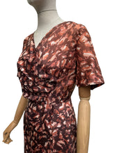 Load image into Gallery viewer, Original Rodney Model 1950's Wounded but Wearable Volup Aritificial Silk Day Dress in Brown and Cream - Bust 42 44
