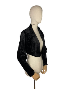 Vintage 1970's does 1930's Black Cotton Velvet Cropped Jacket with Frilled Edge Collar - Bust 34" *