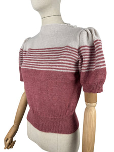 Reproduction 1940's Striped Jumper in Strawberry Pink and White Fog with Full Puff Sleeves - Bust 38 40 *