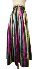 Load image into Gallery viewer, Original 1950&#39;s Black Taffeta Skirt with Stripes in Yellow, Blue, Pink and Green - Waist 24 25
