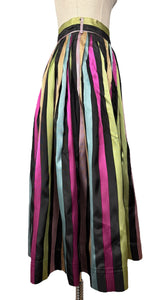 Original 1950's Black Taffeta Skirt with Stripes in Yellow, Blue, Pink and Green - Waist 24 25