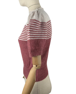 Reproduction 1940's Striped Jumper in Strawberry Pink and White Fog with Full Puff Sleeves - Bust 38 40 *