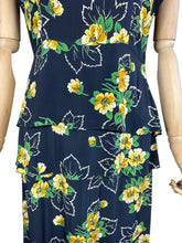 Load image into Gallery viewer, Original 1940's Navy Day Dress with Double Peplum and Floral Print in Green and Yellow - Bust 34 35

