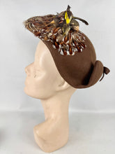 Load image into Gallery viewer, Original 1940's Brown Felt Bonnet Hat with Bird and Pheasant Feather Trim *
