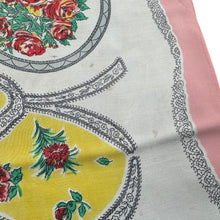 Load image into Gallery viewer, Charming Original 1940&#39;s or 1950&#39;s Silk Crepe Scarf in Pink, White, Red, Yellow and Green with Flowers and Bow Print - Great Headscarf
