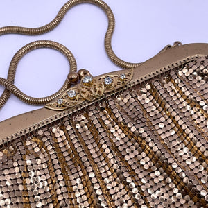 Vintage 1950's Gold Metal Mesh Bag with Snake Chain Handle and Fully Lined with Paste Set Frame - West German Made *