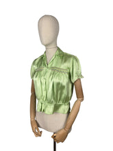 Load image into Gallery viewer, Original 1940’s Pale Green Artificial Silk Blouse with Colourful Smocking Detail - Bust 34 36
