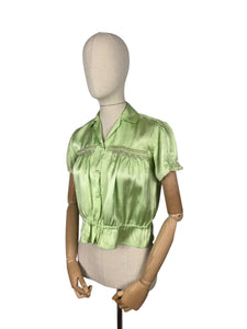 Original 1940’s Pale Green Artificial Silk Blouse with Colourful Smocking Detail - Bust 34 36