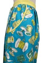 Load image into Gallery viewer, Original 1950's Novelty Print Cotton Apron with Sewing Theme in Blue, Yellow and Green - Waist 38 40
