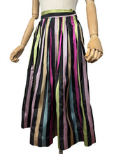 Load image into Gallery viewer, Original 1950&#39;s Black Taffeta Skirt with Stripes in Yellow, Blue, Pink and Green - Waist 24 25
