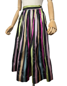 Original 1950's Black Taffeta Skirt with Stripes in Yellow, Blue, Pink and Green - Waist 24 25