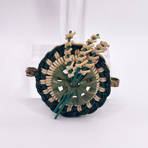 Original 1940's Dark Green and White Wartime Make Do and Mend Wire Brooch with Flower Spray and Button Trim