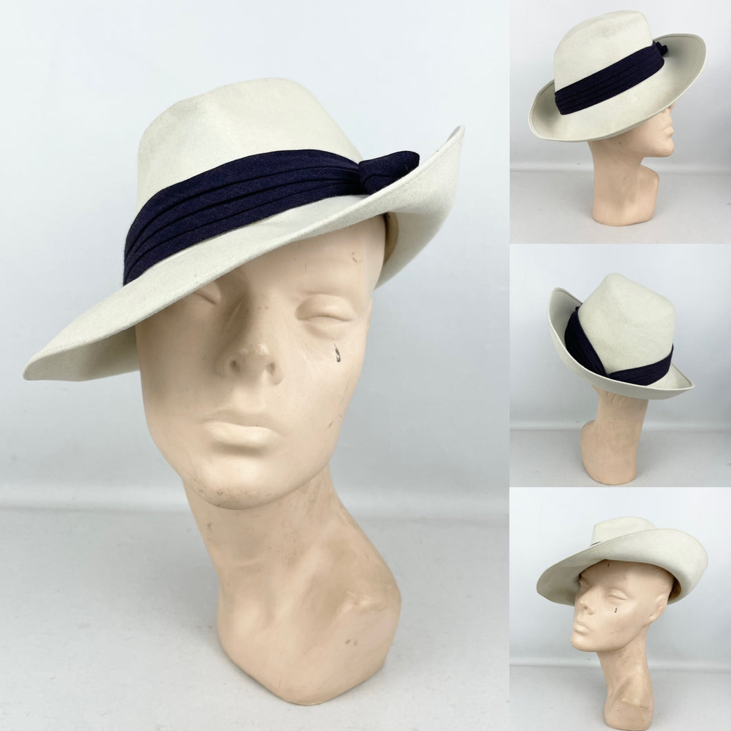Original 1930's Ivory Felt Fedora Hat with Black Grosgrain Trim