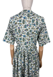Vintage 1950's 1960's Lightweight Cotton Novelty Print Shirtwaister Dress in Purple, Blue and Green - Bust 36