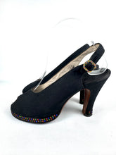 Load image into Gallery viewer, Original 1940's Inky Black Crepe Platform Evening Shoes with Paste Detail in Red, Blue, Yellow and Green - UK 4 *
