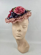 Load image into Gallery viewer, Fabulous Original 1940's New York Creations Pink Ruffle Straw Hat with Purple, Pink and Green Floral Trim
