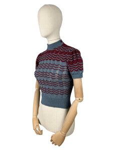 Reproduction 1940's Lace Striped Jumper in China Blue and Burgundy Red Wool - Bust 32 34