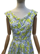 Load image into Gallery viewer, 1950's Style Cotton Day Dress in Chartreuse Green, Black and White Floral Print - Bust 37
