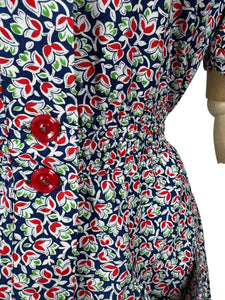 Original Volup 1930's Blue Cotton Dress with Pretty Floral Print in Red, Green and White - Bust 40 42