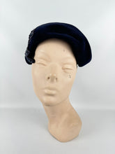 Load image into Gallery viewer, Original 1950&#39;s Dark Blue Fur Felt Hat with Bead and Sequin Trim *
