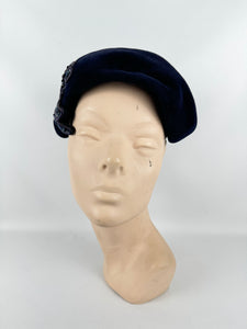 Original 1950's Dark Blue Fur Felt Hat with Bead and Sequin Trim *