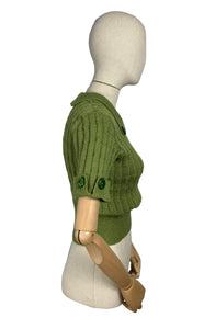 1930's Reproduction Pretty Wool Knit with a Neat Collar and Button Detail in Turtle Green - Bust 34 36