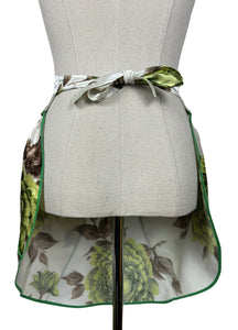 Original 1950's Pretty Ivory Satin Pinny with Pockets and Floral Design in Brown and Green - Waist 30 *