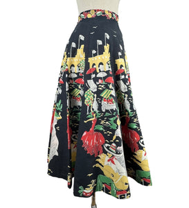 Original 1950's Black, Green and Red Novelty Print Spanish Flamenco Skirt - Waist 29 *