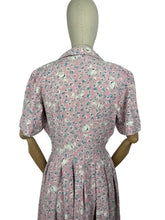 Load image into Gallery viewer, Original Late 1940&#39;s or Early 1950&#39;s Classic Floral Cotton Day Dress in Pink, White, Grey and Blue Floral - Bust 38
