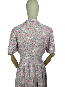 Original Late 1940's or Early 1950's Classic Floral Cotton Day Dress in Pink, White, Grey and Blue Floral - Bust 38