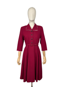 Original 1940’s Rich Red Wool Belted Day Dress with White Trim - Bust 34 36