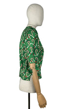 Load image into Gallery viewer, 1940&#39;s Reproduction Christmas Blouse In Green, White and Red Michael Miller Cotton &#39;Corny Cane&#39; - Bust 34&quot; 36&quot;
