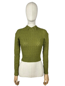 Reproduction 1930's Hand Knitted Long Sleeved Jumper in Lily Pad Green - Bust 32 34