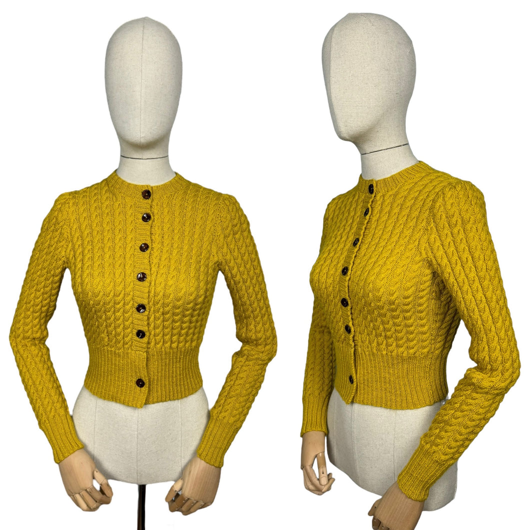 Reproduction 1940's Cable Knit Cardigan with Long Sleeves and Brown Buttons - Bust 32 34