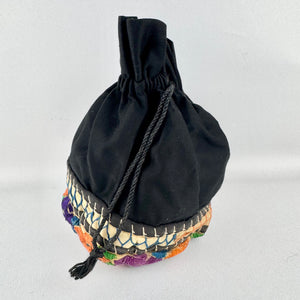 Antique Early 20th Century Black Embroidered Drawstring Bag - 1910 1920