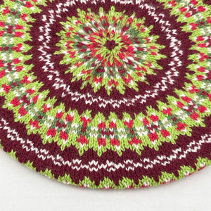 Reproduction 1940's Pure Wool Fair Isle Beret in Burgundy and Green - Wonderful Design Featuring Six Different Colours