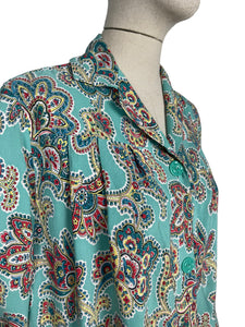 Original 1940's St Michael Cotton Smock Blouse in Turquoise, Red, Yellow and Blue - Bust 42 44 *