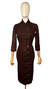 Original 1950's Brock and Rust Wool Plaid Wiggle Dress with Amazing Button Detail - Bust 32